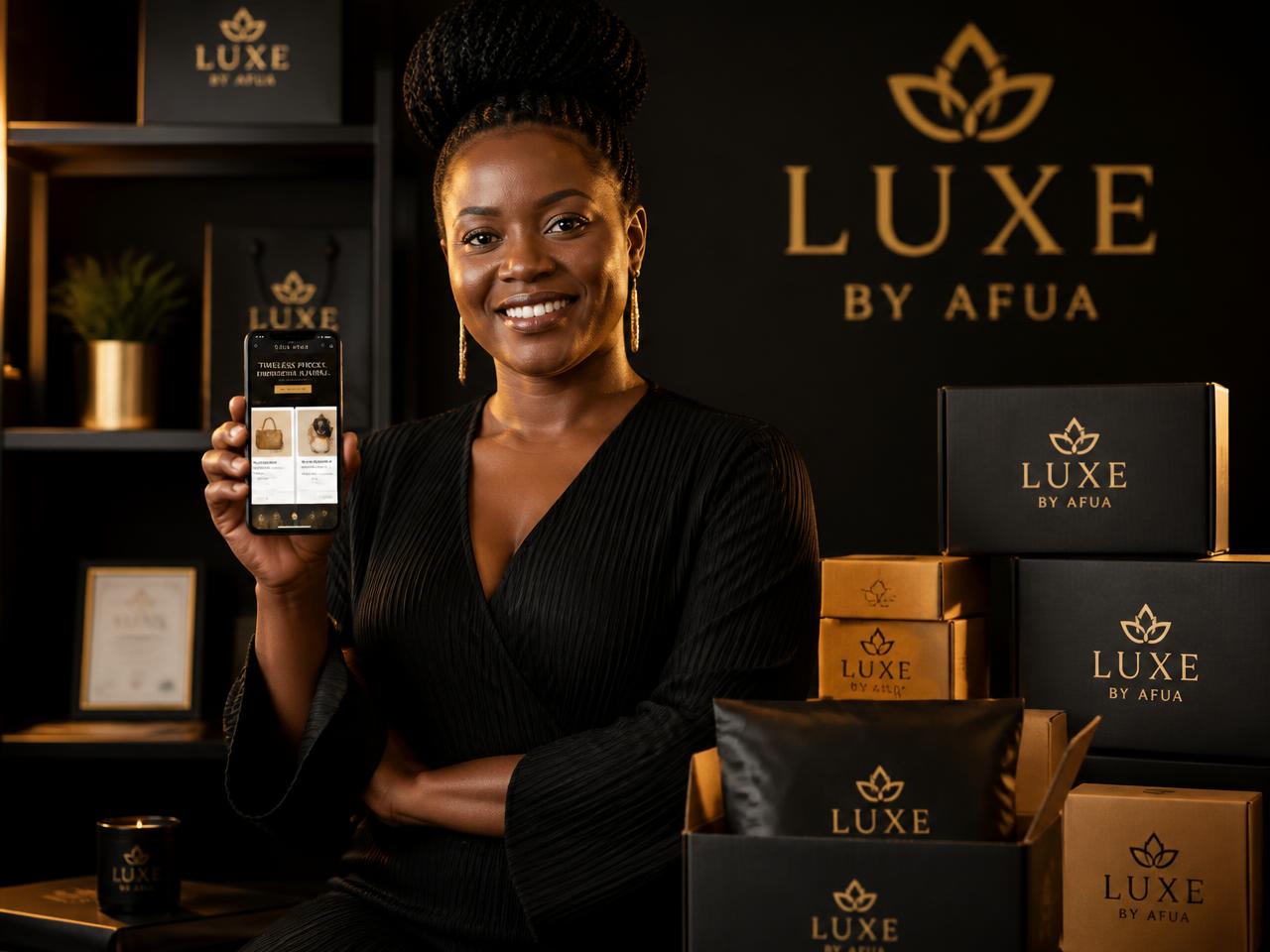 Business owner holding a phone showing her online store, with packaged orders ready to ship